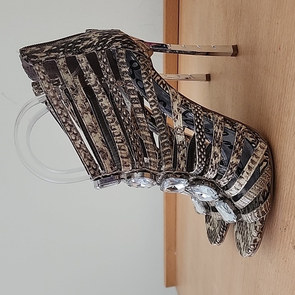 Sam Edelman Snakeskin Bejeweled Needle Heel Strappy Peep Toe Sandals 8M Ab - Picture 14 of 14
